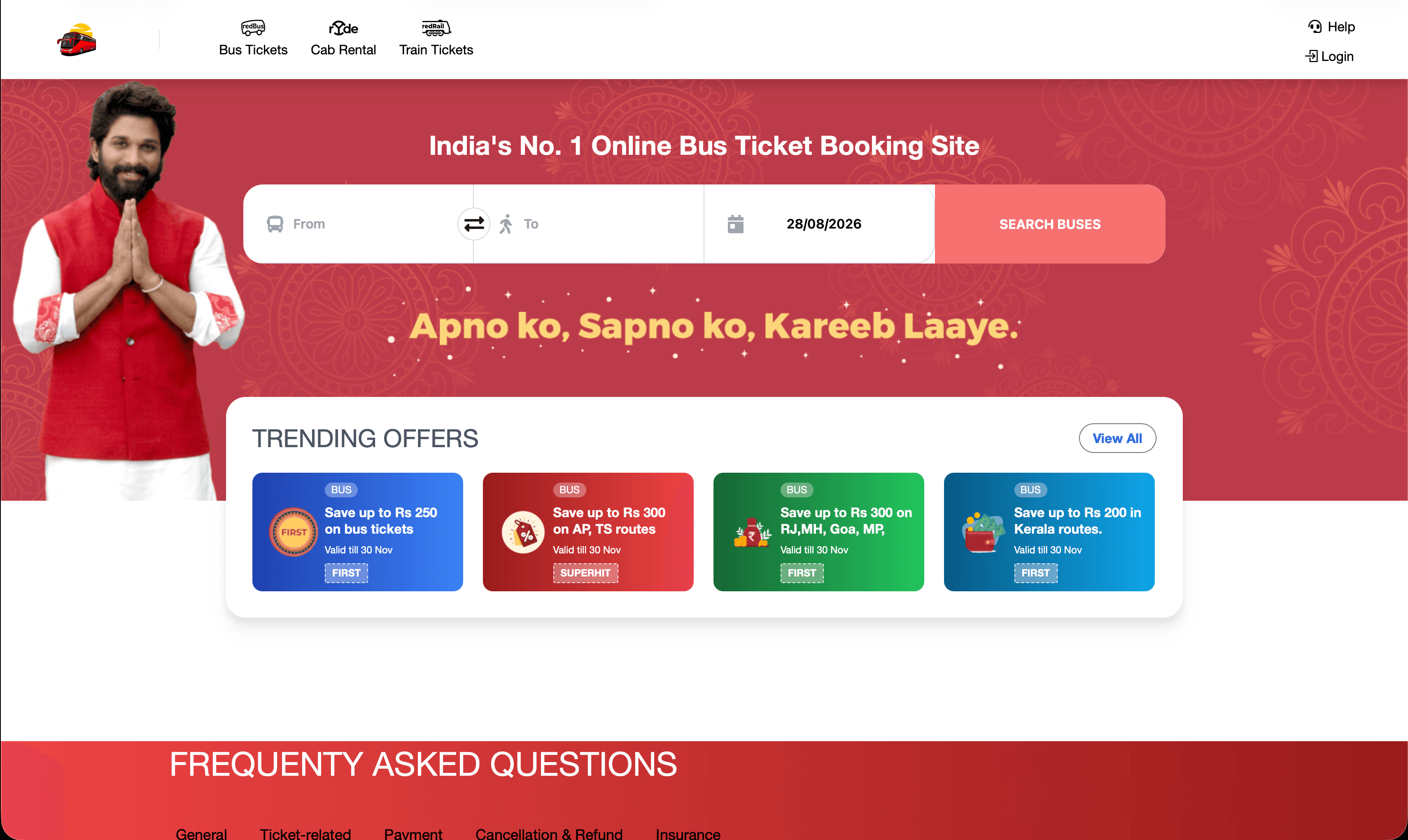 Book My Adventure bus ticket booking homepage with route and date search