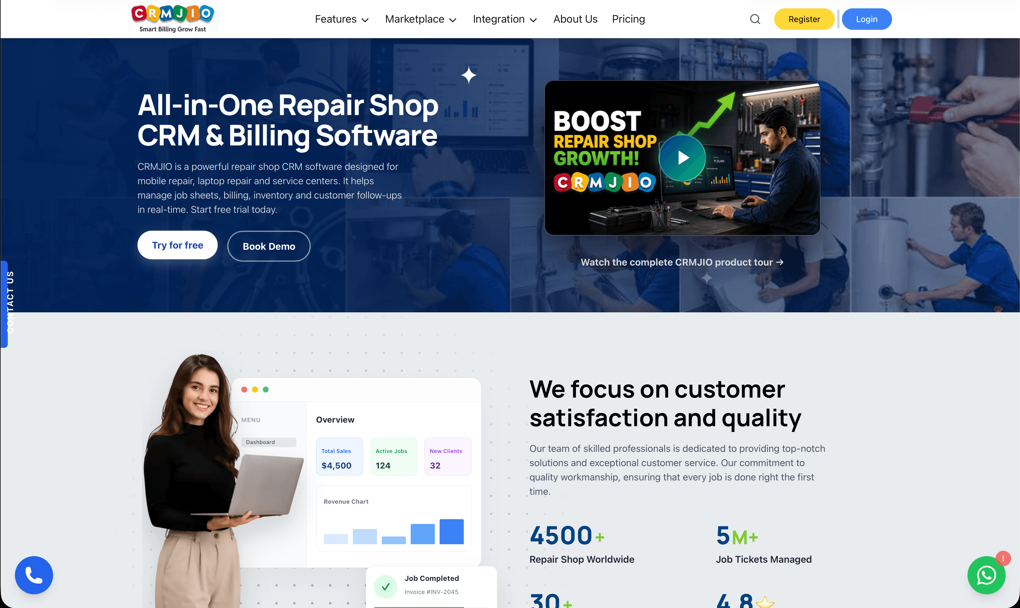 CRMJIO landing page for repair shop CRM and billing software