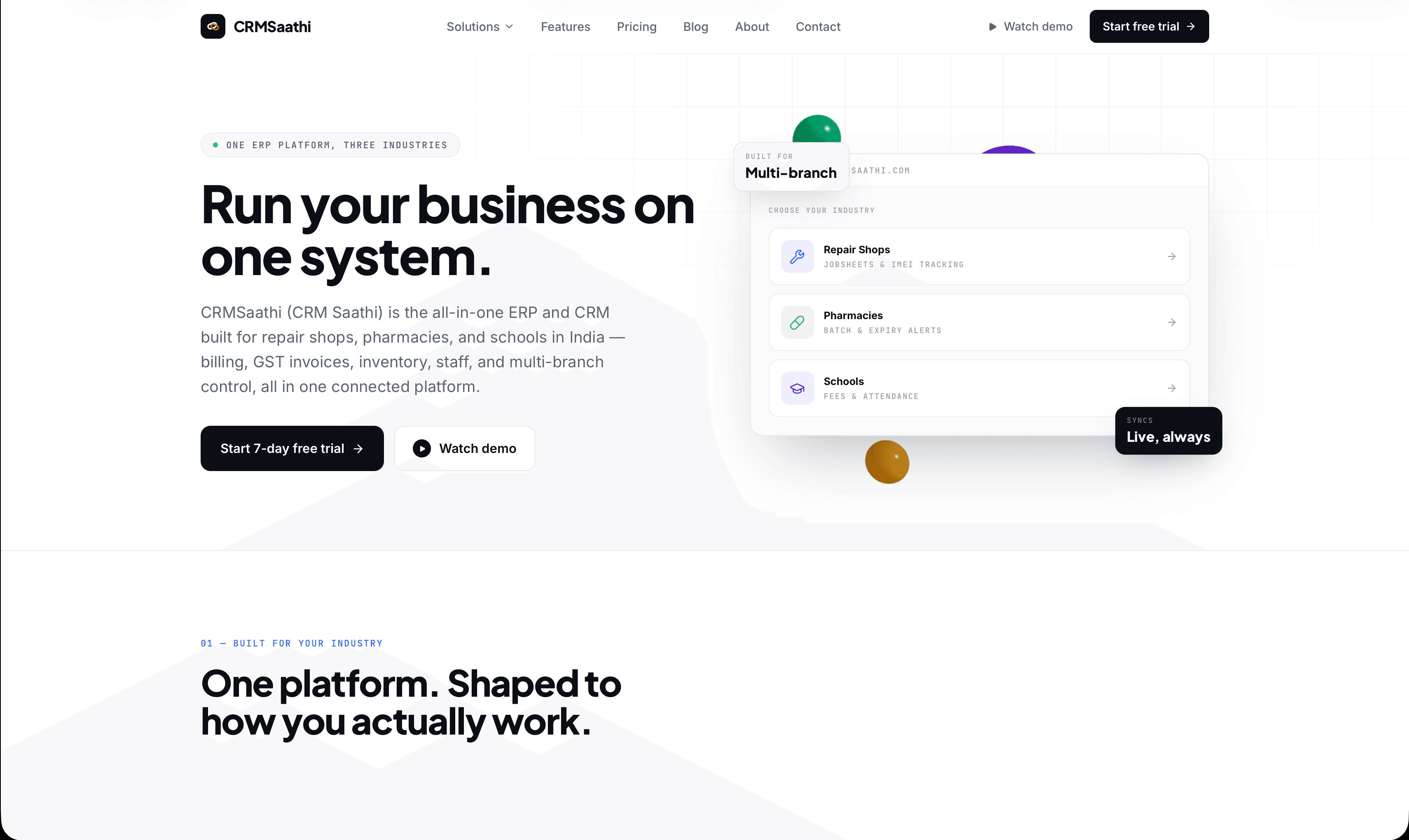 CRMSAATHI landing page showing repair, pharmacy, and school workflows