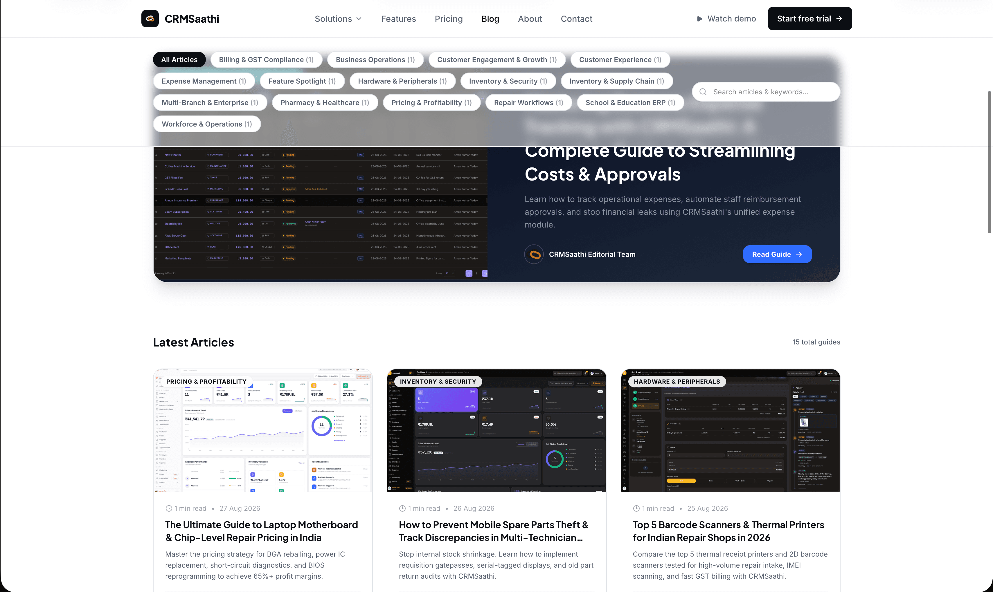 CRMSAATHI article hub showing categories, search, and operational guides