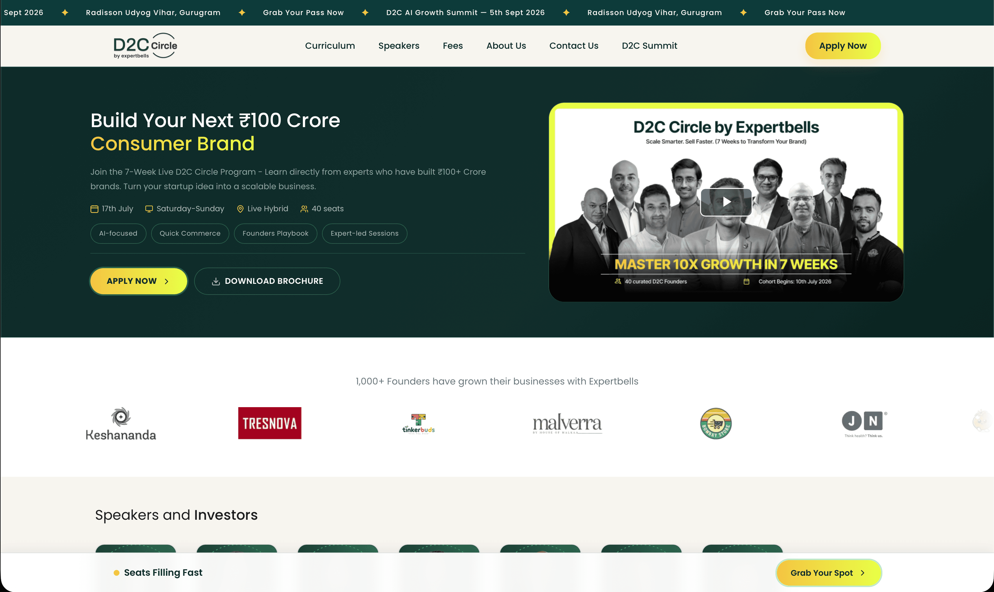 D2C Circle landing page promoting a seven-week accelerator program