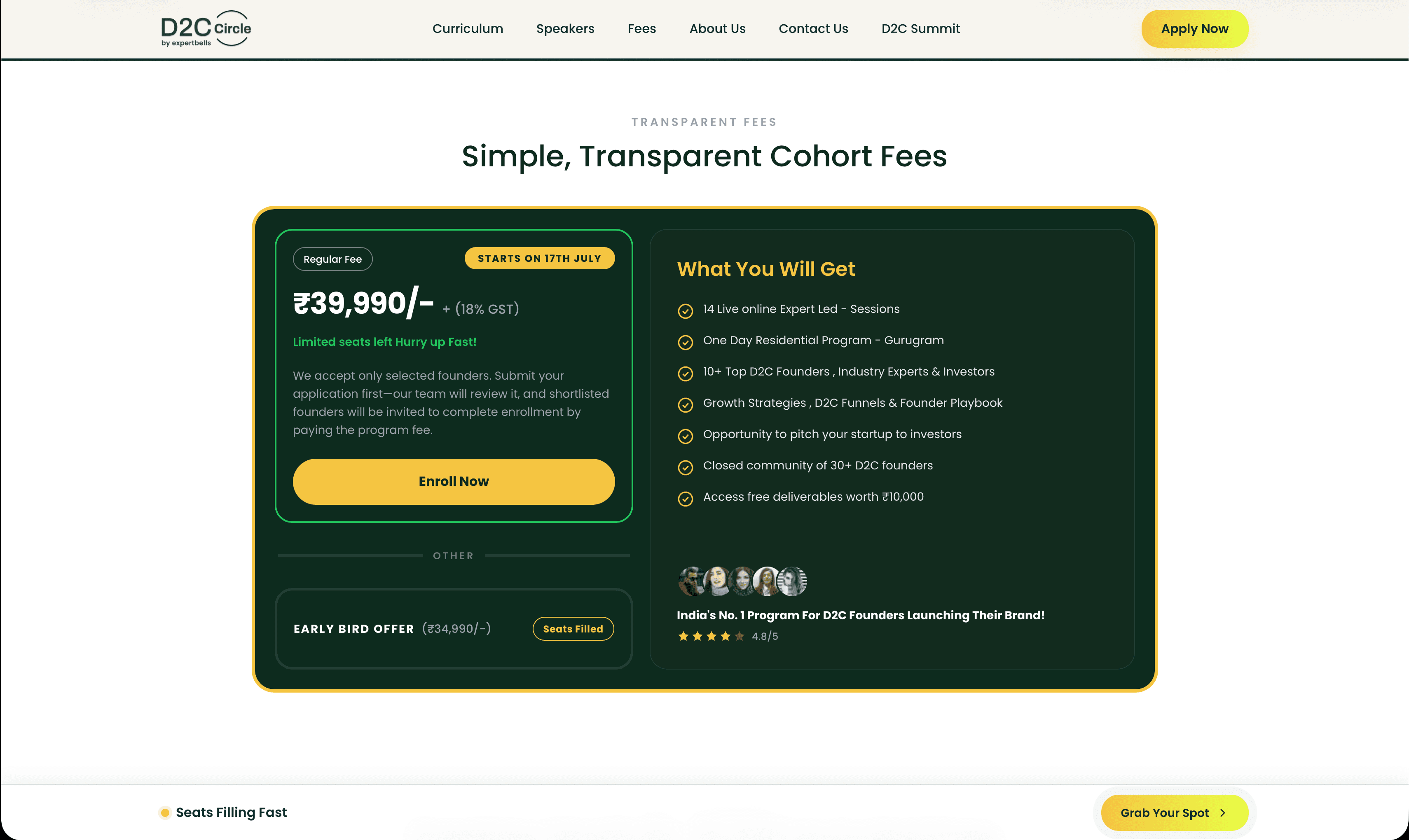 D2C Circle transparent cohort fees and program benefits page