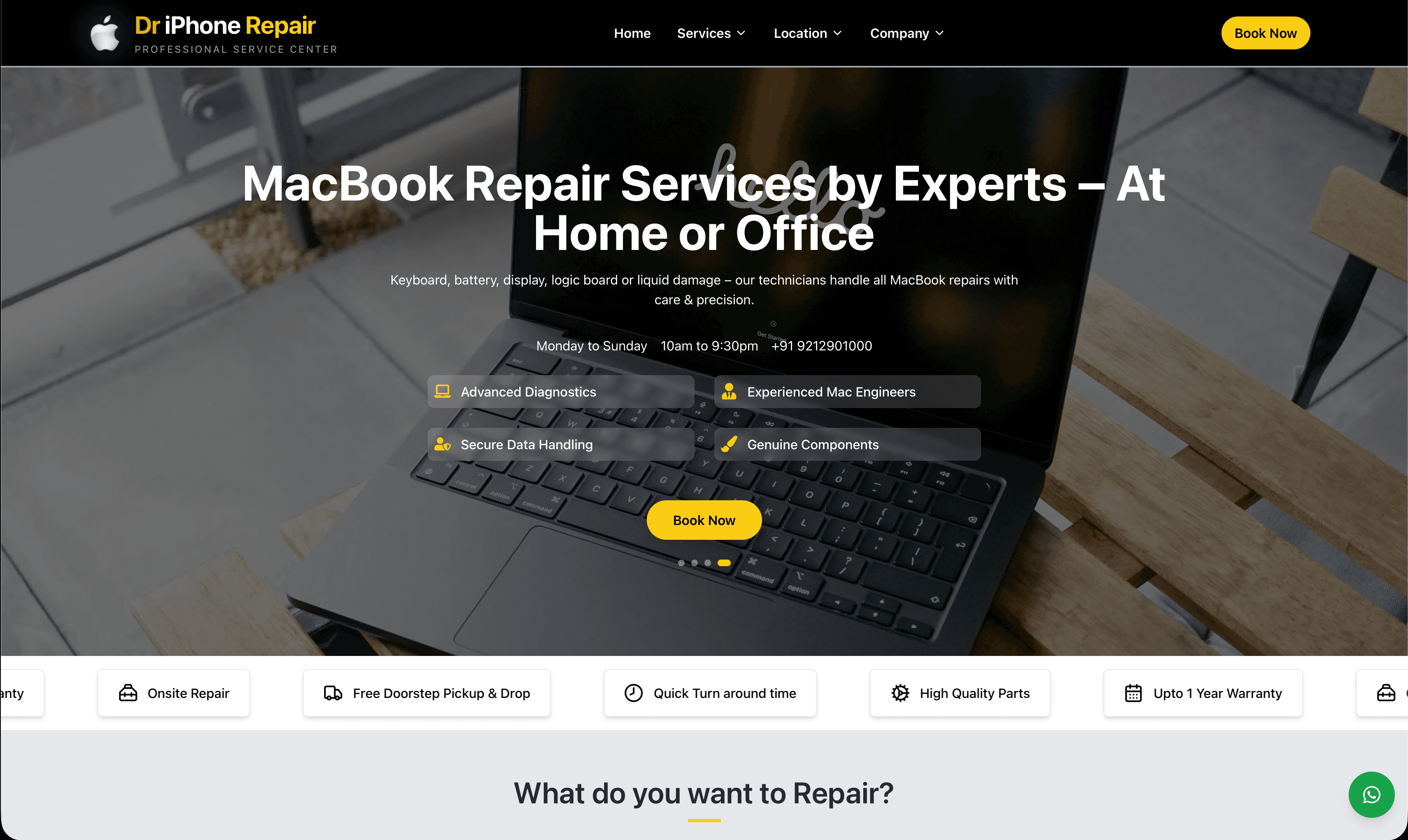 Dr iPhone Repair website hero showing MacBook repair services