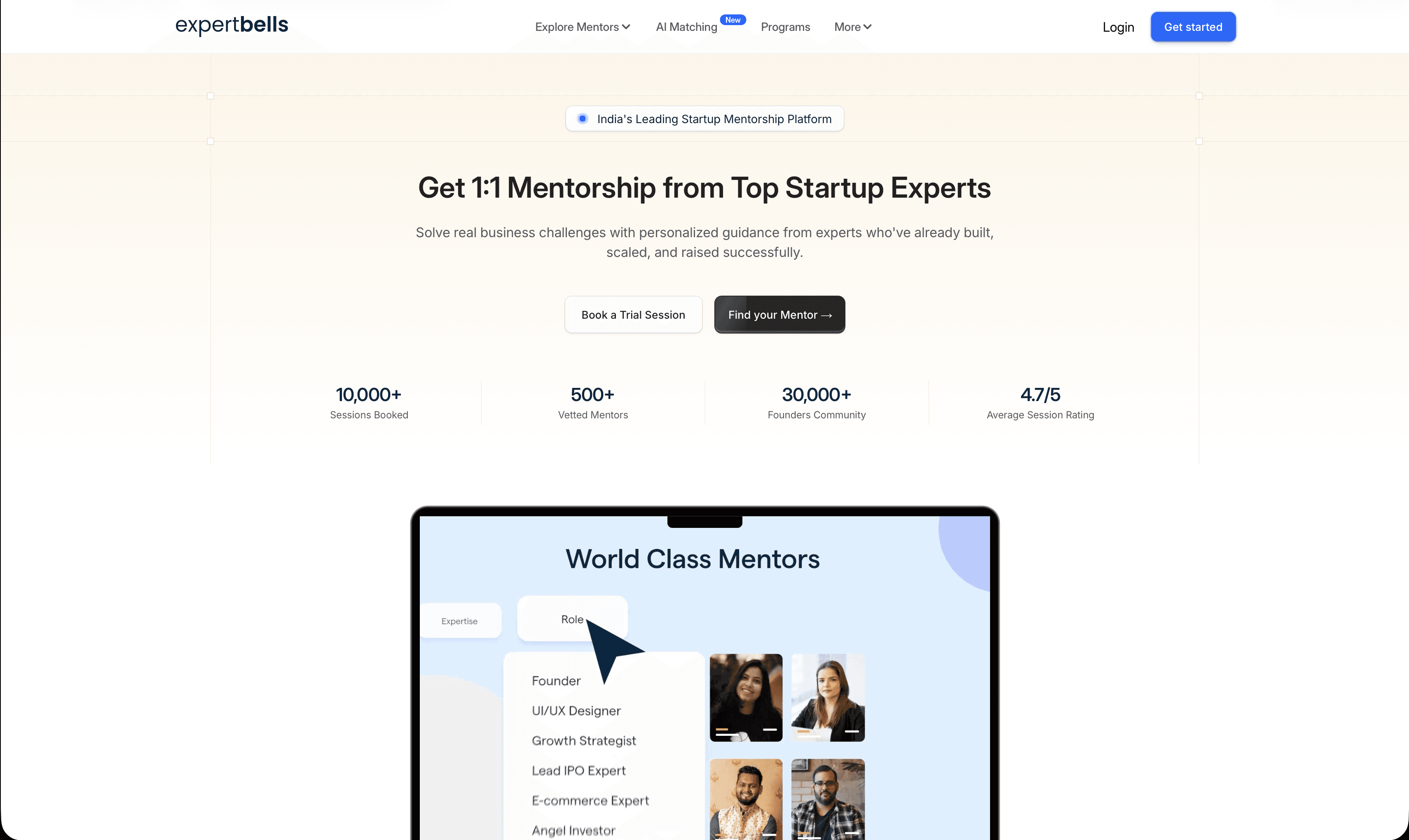 ExpertBells mentorship platform homepage with mentor discovery and session booking actions
