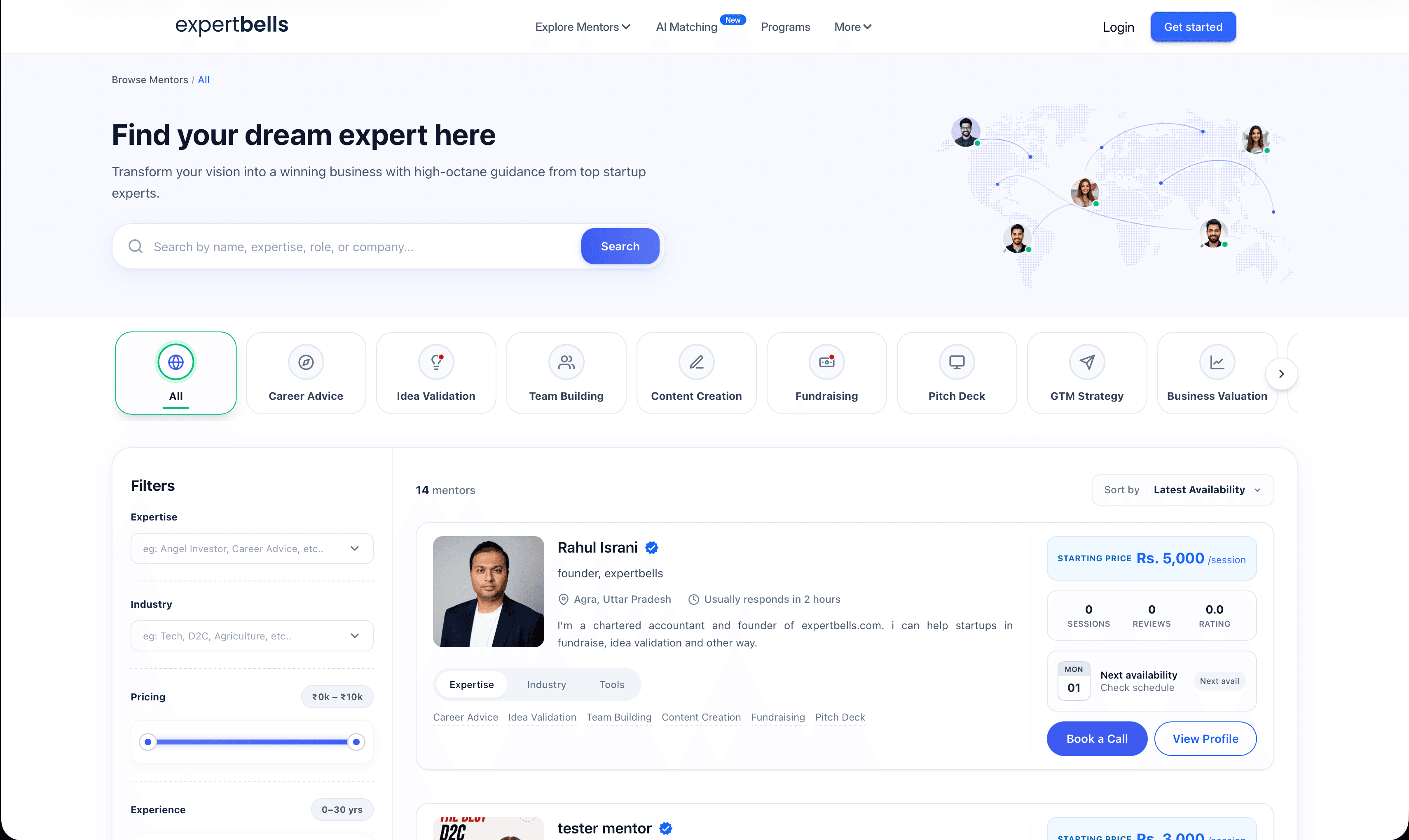 ExpertBells mentor discovery page with search, filters, expertise categories, and mentor profiles