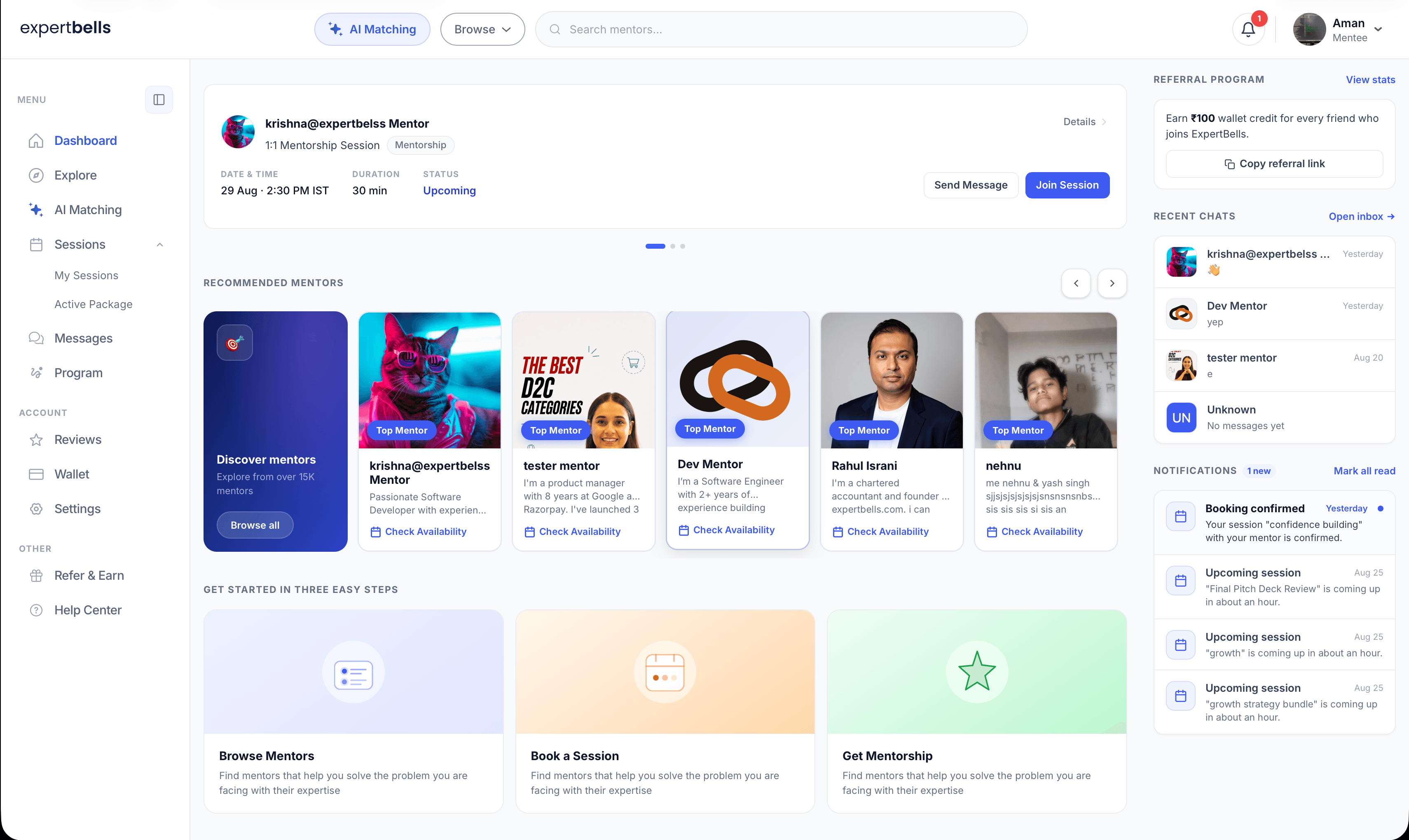 ExpertBells mentee dashboard showing sessions, recommended mentors, messages, and notifications