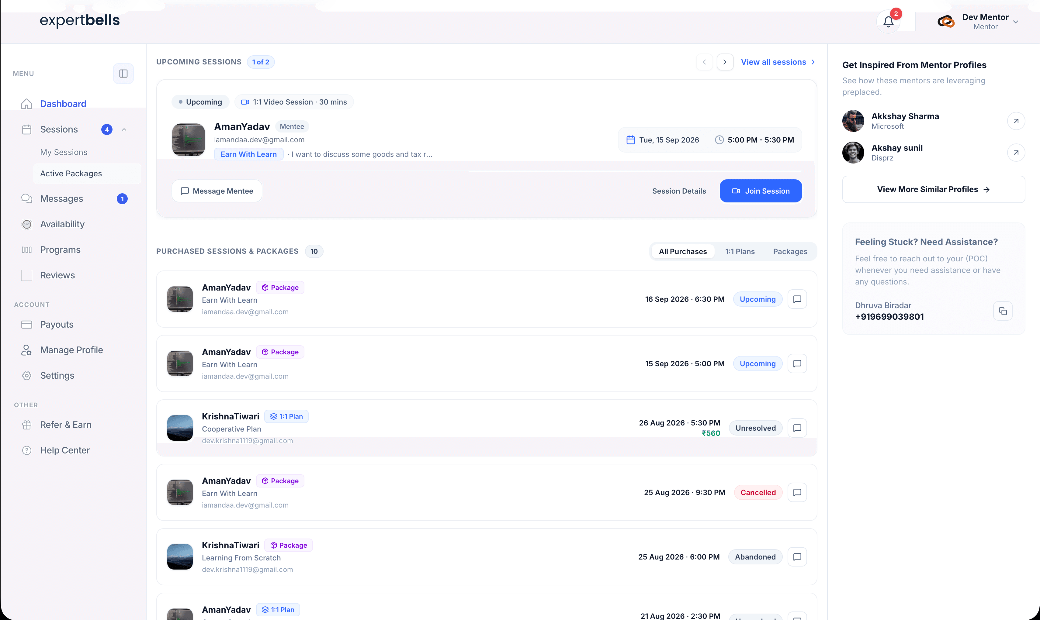 ExpertBells mentor dashboard showing upcoming sessions, purchased packages, and mentor profile recommendations