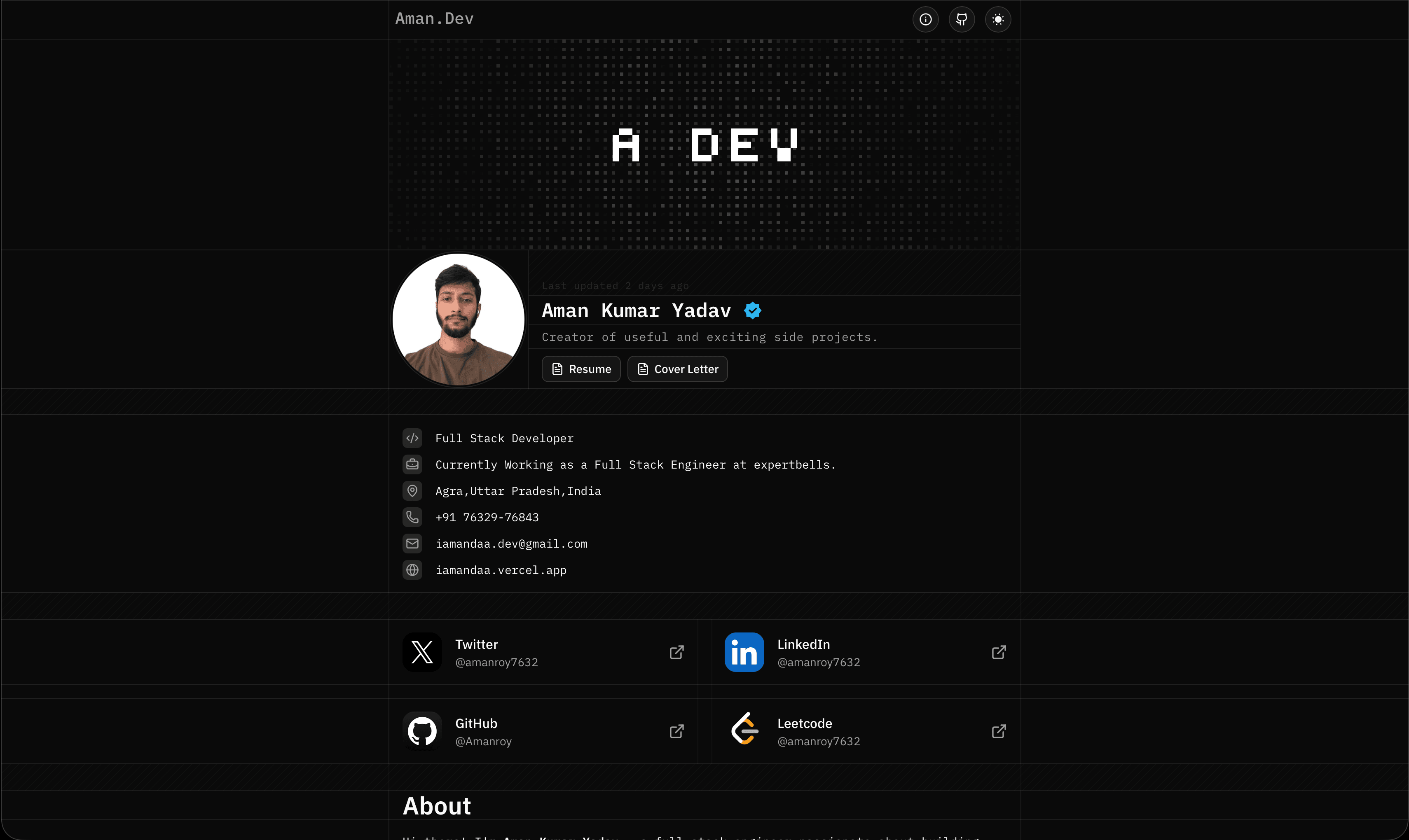 Aman.Dev portfolio homepage showing profile, contact details, social links, and project sections