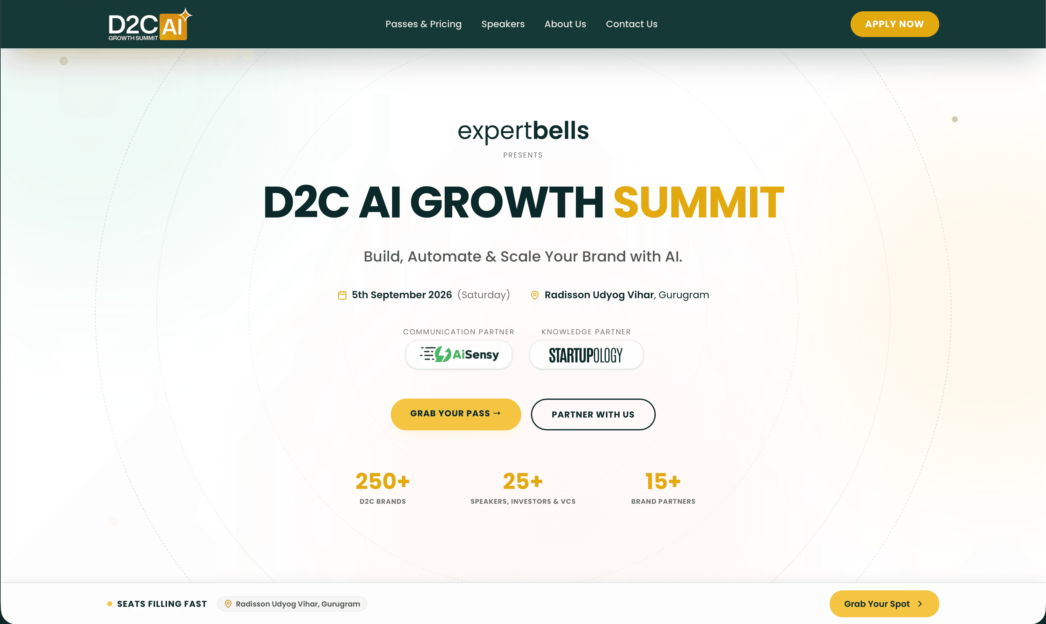 D2C AI Growth Summit event landing page with date, venue, and pass details
